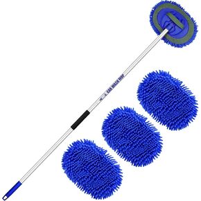 63" Long Handle Car Wash Brush Microfibre Extendable Cleaning Mop Mitt for Caravan Truck Van Tyre Window Wheel Roof 2 in 1 Interior Duster Remover Scratch Free Clean Product 3 Replacement Head