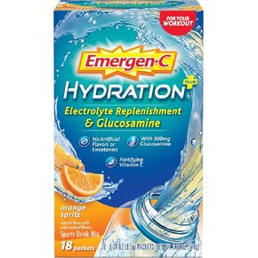 Emergen-C Hydration+ Sports Drink Mix With Vitamin C (18 Count, Raspberry Flavor), Electrolyte Replenishment, 0.33 Ounce Powder Packets