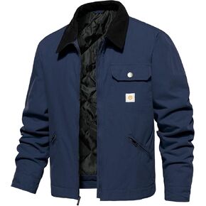 CARWORNIC Men's Winter Cotton Jacket Warm Quilted Padded Lined Cargo Work Jacket Regular Fit Casual Lapel Trucker Coat