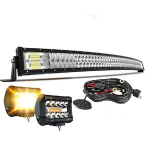 ASLONG 54 Inch LED Light Bar 312W Combo Curved,2Pcs 4 Inch White/Amber Yellow LED Pods Lights Fog Lamp,Wiring Harness Rocker Switch,Offroad Driving Light for Pickup