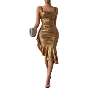 سولي هوكس للسيدات المعدني ثياب بودكونسيون مثيرة كشكش نادي غير متماثل الحزب Prom Midi Dress