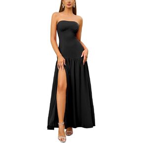 HTZMO Elegant Strapless Slit Maxi Dress Tie Back Wedding Gutst Formal Long Dresses for Women 2025