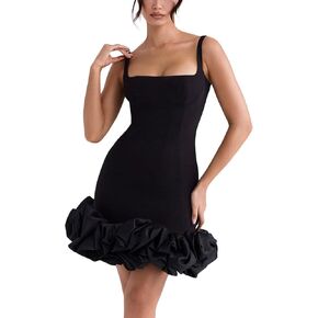 Women Spaghetti Strap Bodycon Dress Solid Color Pleated Ruffle Hem Dress for Cocktail Nightclub Beach