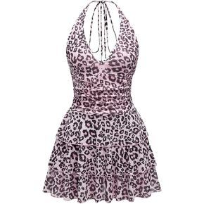 WDIRARA Women's Y2k Leopard Print Halter Dress Tie Backless Layered Ruffle Hem Mini Dresses Cheetah Mesh Dress