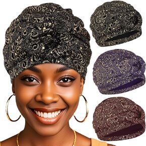 Bohend 3Pcs Sparkling Turban Cap for Women Stretchy Pleated Beanies Pre Tied Church Gold Sequin Glitter Headwrap Caps