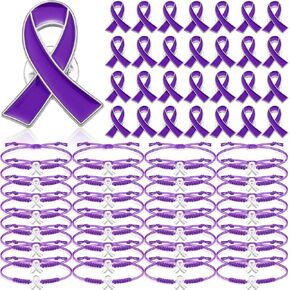 60 Pcs Purple Pancreatic Cancer Awareness Accessories Include 30 Pcs Bracelets 30 Pcs Ribbon Pins for Epilepsy Overdose Animal Abuse Domestic Violence Gifts for Women Cancer Survivor Jewelry