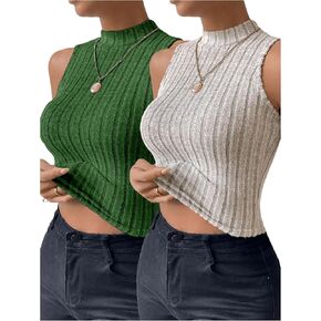 WDIRARA Women's 2 Pack Mock Neck Sleeveless Ribbed Knit Slim Fitted Tank Tops