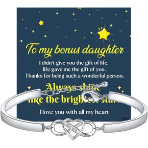 To My Bonus Daughter Infinity Love Heart Adjustable Stainless Steel Bracelet With Cards - Perfect Daughter In Law Gifts, Sterling Silver Bangles For Women, Charm Bracelet From Dad Or Mom