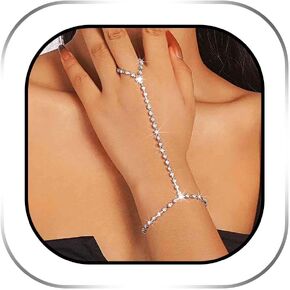 Rhinestone Bracelet Ring Jewelry Silver Sparkly Crystal Bride Bangle Finger Chains Wedding Hand Accessory for Women