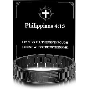 Graduation Gifts for Him, American Flag Bible Verse Bracelet for Men with Cross, Inspired Christian Stainless Steel Straps Watch Band Link Cross Bracelet Faith Jewelry Gifts Adjustable Size