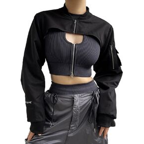 Lucrosun Women's Cutout Cropped Bomber Jacket Long Sleeve Shrug Tops Streetwear