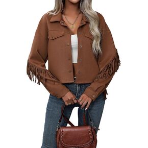 MakeMeChic Women's Casual Solid Long Sleeve Drop Shoulder Button Down Fringe Crop Jacket Outerwear