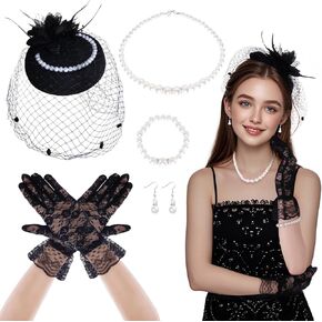 Tea Party Fascinator Hat for Women Fascinators Headband with Veil Feather Lace Gloves Pearl Set Halloween Wedding