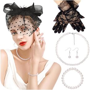 REVOLIA 5Pcs Fascinators Hat for Women Tea Party Feathers Veil Mesh Hat with Lace Gloves for Cocktail Party Wedding