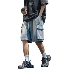 Baggy Cargo Jorts for Men Summer Regular Fit Drawstring Wide Leg Jeans Casual Hip Hop Denim Shorts Y2k