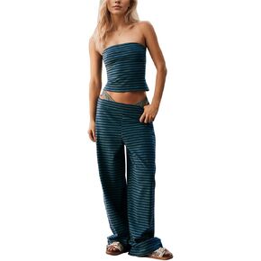 MISSACTIVER Women Two Piece Sets Striped Matching Outfits Strapless Crop Tube Top and Elastic Waist Wide Leg Pants Set