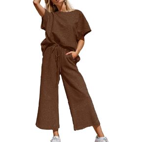 Women's Two Piece Outfits Casual Short Sleeve Pullover Tops Drawstring Wide Leg Pants Sweatsuit Sets