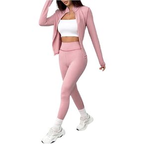 WDIRARA Women's 2 Piece Outfits Long Sleeve Zip Up Jacket Leggings Set Yoga Workout Bodycon Tracksuit