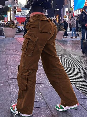 Women Mid Waisted Cargo Jeans Flap Pocket Straight Wide Leg Casual Baggy Boyfriend Denim Streetwear Pants in Kuwait