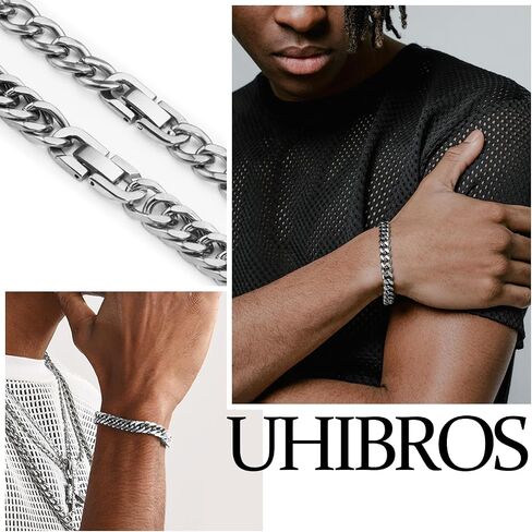 UHIBROS 316L Stainless Steel Chain Bracelet for Men Women, 18K Gold Sturdy Metal Link, Silver Black Cuban/Figaro/Paperclip/Rope Fashion Jewelry Set for Dad, Boyfriend, Husband, Girlfriend in Saudi Arabia