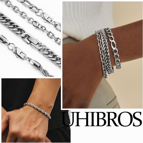 UHIBROS 316L Stainless Steel Chain Bracelet for Men Women, 18K Gold Sturdy Metal Link, Silver Black Cuban/Figaro/Paperclip/Rope Fashion Jewelry Set for Dad, Boyfriend, Husband, Girlfriend in Saudi Arabia