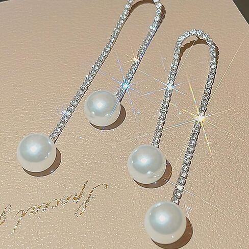 Long Tassel Pearl Dangle Earrings Dainty Rhinestone Tassel Earrings Pearl Drop Earrings Hypoallergenic Elegant Wedding Party Bridal Jewelry Gift for Women in Saudi Arabia