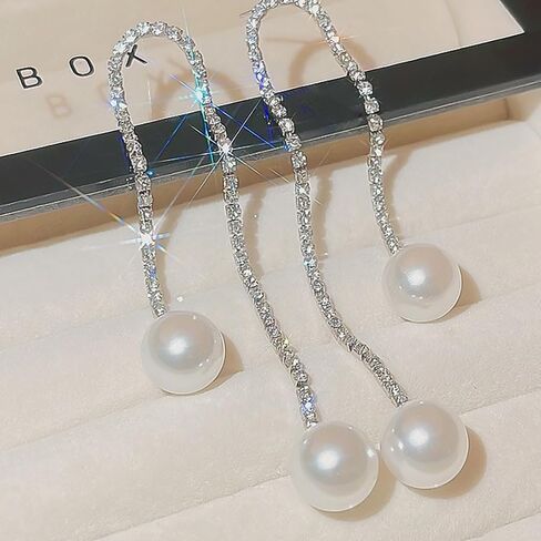 Long Tassel Pearl Dangle Earrings Dainty Rhinestone Tassel Earrings Pearl Drop Earrings Hypoallergenic Elegant Wedding Party Bridal Jewelry Gift for Women in Saudi Arabia