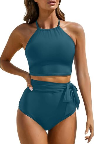 Tempt Me Women High Waisted Bikini Sets Two Piece Swimsuit High Neck Tummy Control Bathing Suits with Tie Side Knot Bottom in Saudi Arabia