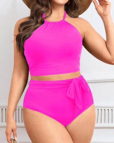 Tempt Me Women High Waisted Bikini Sets Two Piece Swimsuit High Neck Tummy Control Bathing Suits with Tie Side Knot Bottom in Saudi Arabia