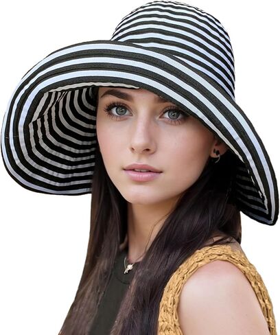 Women Wide Brim Sun Hat Striped Beach Hat UPF 50+ UV Sun Protection Foldable Elegant Holiday Bucket hat in Kuwait