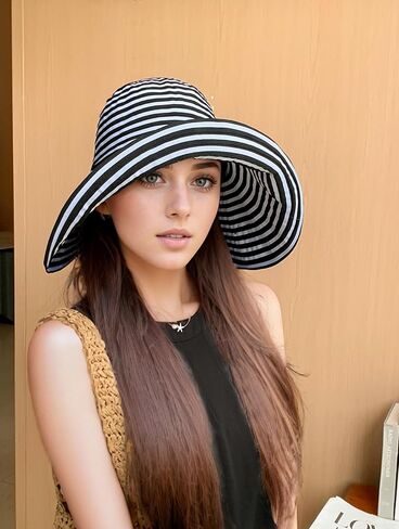 Women Wide Brim Sun Hat Striped Beach Hat UPF 50+ UV Sun Protection Foldable Elegant Holiday Bucket hat in Kuwait