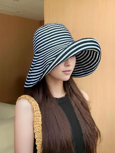 Women Wide Brim Sun Hat Striped Beach Hat UPF 50+ UV Sun Protection Foldable Elegant Holiday Bucket hat in Kuwait