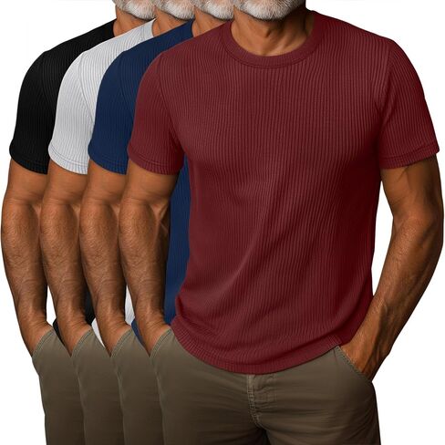 4 Pack Men's Short Sleeve T Shirts Crewneck Ribbed Knit Slim Fit Tops Basic Muscle Tee Shirts in Saudi Arabia