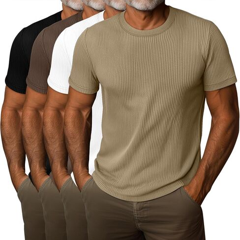 4 Pack Men's Short Sleeve T Shirts Crewneck Ribbed Knit Slim Fit Tops Basic Muscle Tee Shirts in Saudi Arabia