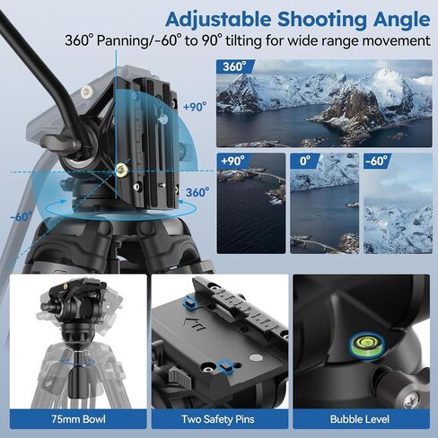SIRUI AM-25S Video Tripod, 74.8" Professional Heavy Duty Tripod with Adjustable Damping Fluid Head for Camcorder, Cameras, DSLR, 360° Pan & +90°/-75° Tilt, Quick Release Plate, Max Load 22.0lb in Kuwait