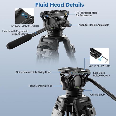 SIRUI AM-25S Video Tripod, 74.8" Professional Heavy Duty Tripod with Adjustable Damping Fluid Head for Camcorder, Cameras, DSLR, 360° Pan & +90°/-75° Tilt, Quick Release Plate, Max Load 22.0lb in Kuwait