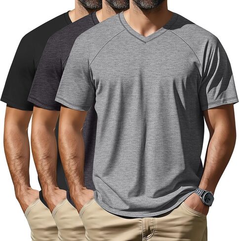 Neer 3 Pack Men's Big and Tall V Neck T-Shirts M-7X, 35% Cotton Short Sleeve Raglan Tops Casual Regular Summer Basic Tees in Saudi Arabia