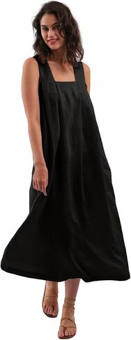 Amazhiyu Women's 100% Linen Sleeveless Strap Midi Dresses with Pockets Summer Casual in Saudi Arabia