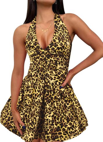 Uni Clau Women's Halter Deep V Neck Backless Ruched Dress Summer Bodycon Party Club Night Out Mini Dress in Saudi Arabia