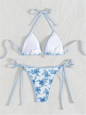 Wdirara Women's 2 قطعة من الأزهار ذات الأزهار الدخبة مجموعة Boho Halter String Triangle Swimsuits بدلة السباحة الشاطئ in Kuwait