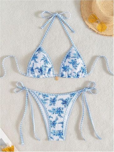 Wdirara Women's 2 قطعة من الأزهار ذات الأزهار الدخبة مجموعة Boho Halter String Triangle Swimsuits بدلة السباحة الشاطئ in Kuwait