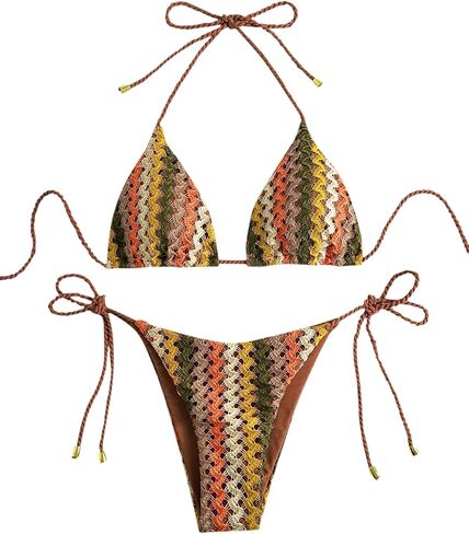ZAFUL 2 Piece Triangle Bikini for Women Knitted Rope Halter Bikini Sets Sexy Bathing Suit Side Tie Swimsuits Beachwear in Kuwait
