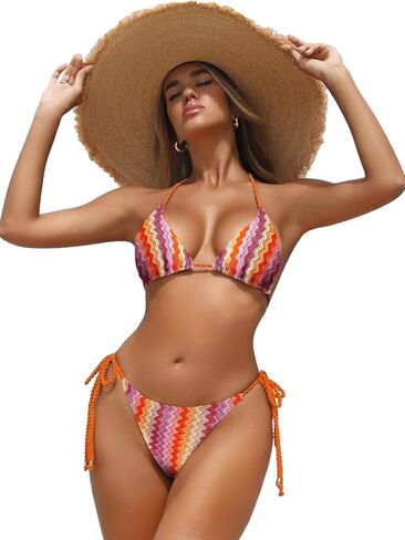 ZAFUL 2 Piece Triangle Bikini for Women Knitted Rope Halter Bikini Sets Sexy Bathing Suit Side Tie Swimsuits Beachwear in Kuwait