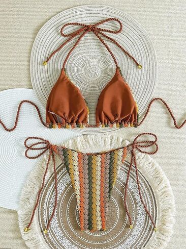 ZAFUL 2 Piece Triangle Bikini for Women Knitted Rope Halter Bikini Sets Sexy Bathing Suit Side Tie Swimsuits Beachwear in Kuwait