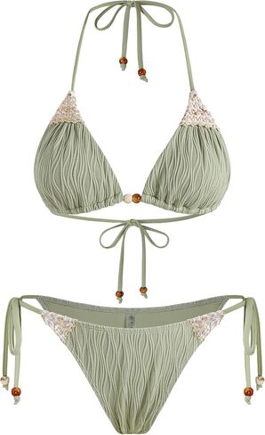 ZAFUL Women's Texture Triangle Bikini Sets Halter Ties Swimsuit Tie Sides Thong Swimwear Two Piece Bathing Suit in Saudi Arabia