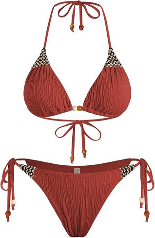 ZAFUL Women's Texture Triangle Bikini Sets Halter Ties Swimsuit Tie Sides Thong Swimwear Two Piece Bathing Suit in Saudi Arabia