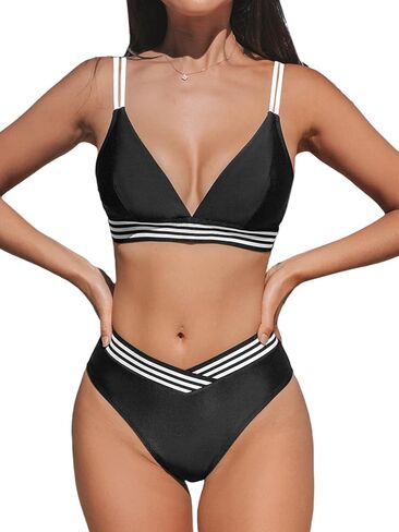 CUPSHE Women's Bikini Sets V Neck Two Piece Bathing Suit High Waisted Color Block Adjustable Double Straps Back Hook in Kuwait