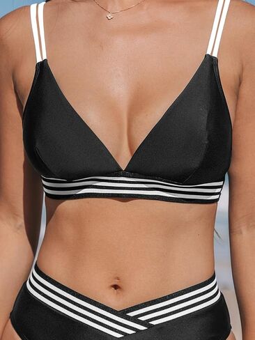 CUPSHE Women's Bikini Sets V Neck Two Piece Bathing Suit High Waisted Color Block Adjustable Double Straps Back Hook in Kuwait