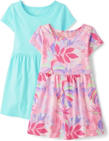 The Children's Place Girls' Short Sleeve Everyday Dresses, Pink Tropic 2-Pack in Saudi Arabia