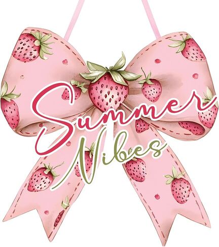 RattanView Retro Summer Bow Wooden Hanging Sign Strawberry Bow Wall Hanging Cute Preppy Wall Art Bowknot Welcome Door Sign Girly Decor for Girls Room College Dorm Apartment Indoor Outdoor Porch in Kuwait